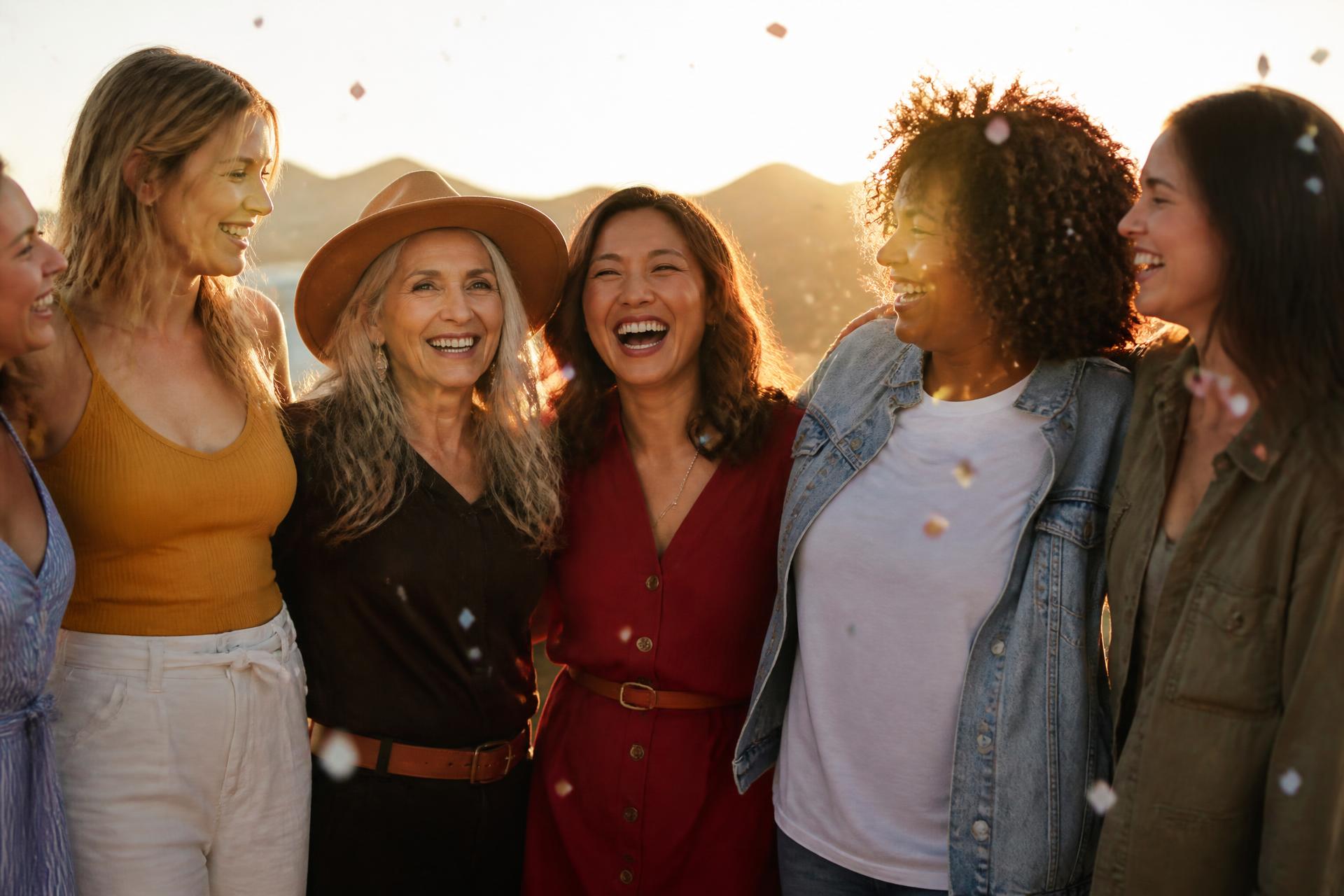 Women of many ages laughing and toasting together at a Nika's Reign gathering